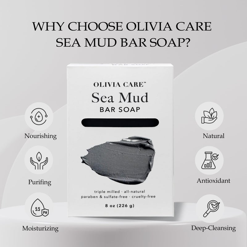 Olivia Care Sea Mud Bar Soap 100% Natural, Vegan & Organic - For Face & Body -Nourish, Exfoliate, Hydrate, Moisturize & Deep Clean - Leave Skin Purified & Glowing - 8 OZ - Image 3